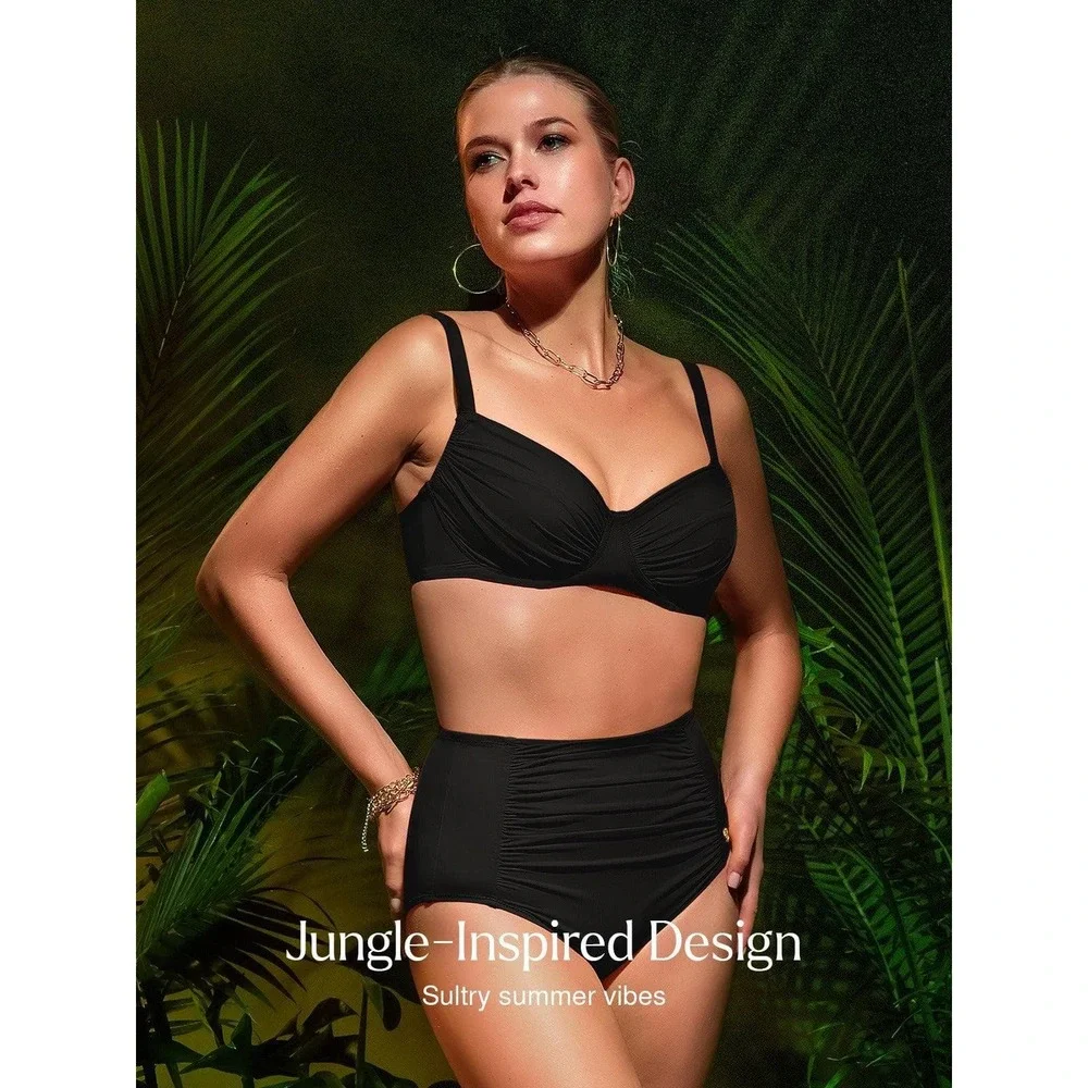 NEW Popilush Shapewear Ruched Underwire Bikini Top Black Large Swimwear